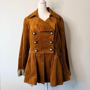 Anthropologie IDRA Boho Brown Corduroy Velour Double Breasted Peplum Coat Sz 10